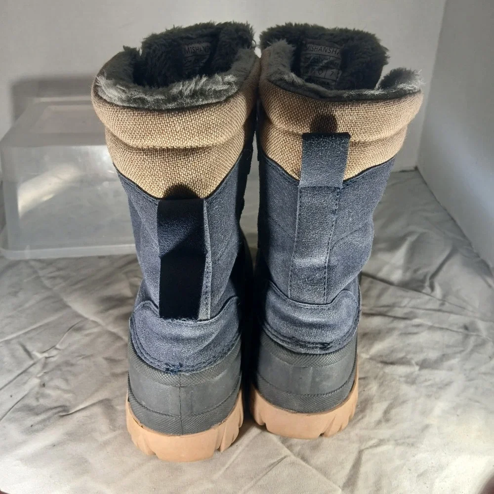 Mishansha Mens Snow Boots‎ Navy Blue Tan Duck Boots Faux Fur Lined Size 7